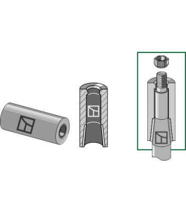 Welding bush for tine with locking piston