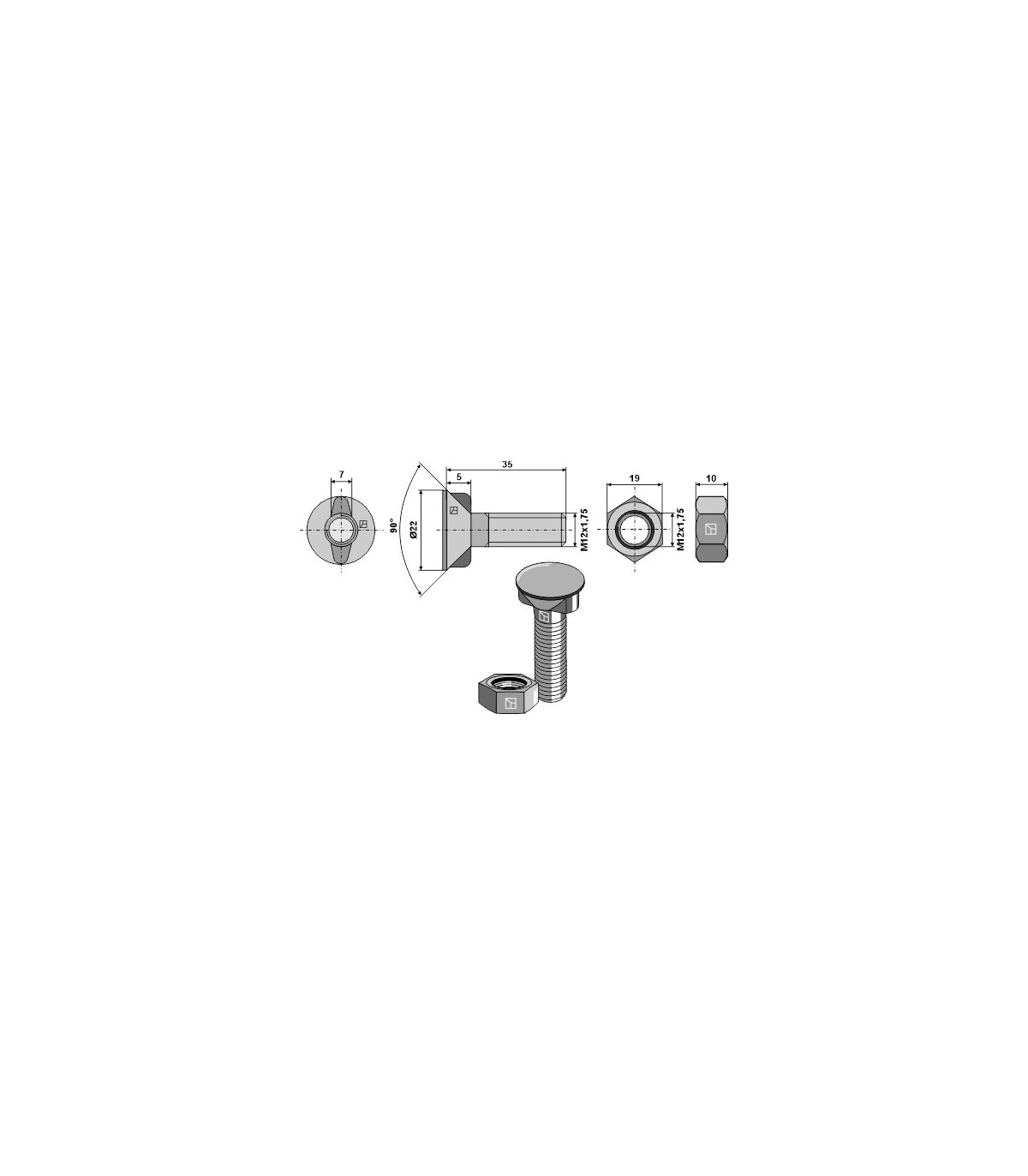 Plogbult M12x1,75x35 med mutter