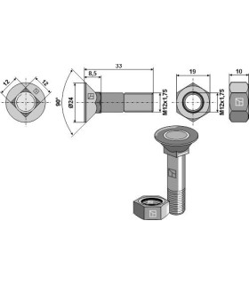 Plough bolt M12x1,75x33 and hexagon nut