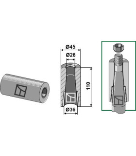 Welding bush for tine with locking piston