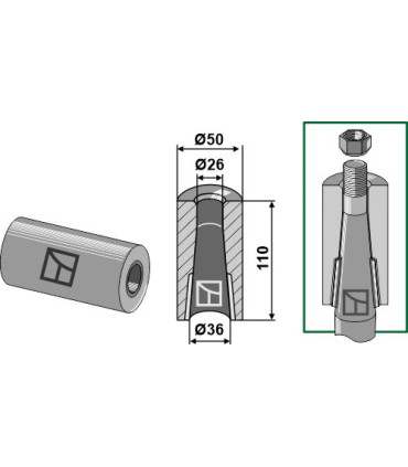 Welding bush for tine with locking piston