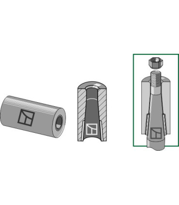 Welding bush for tine with locking piston