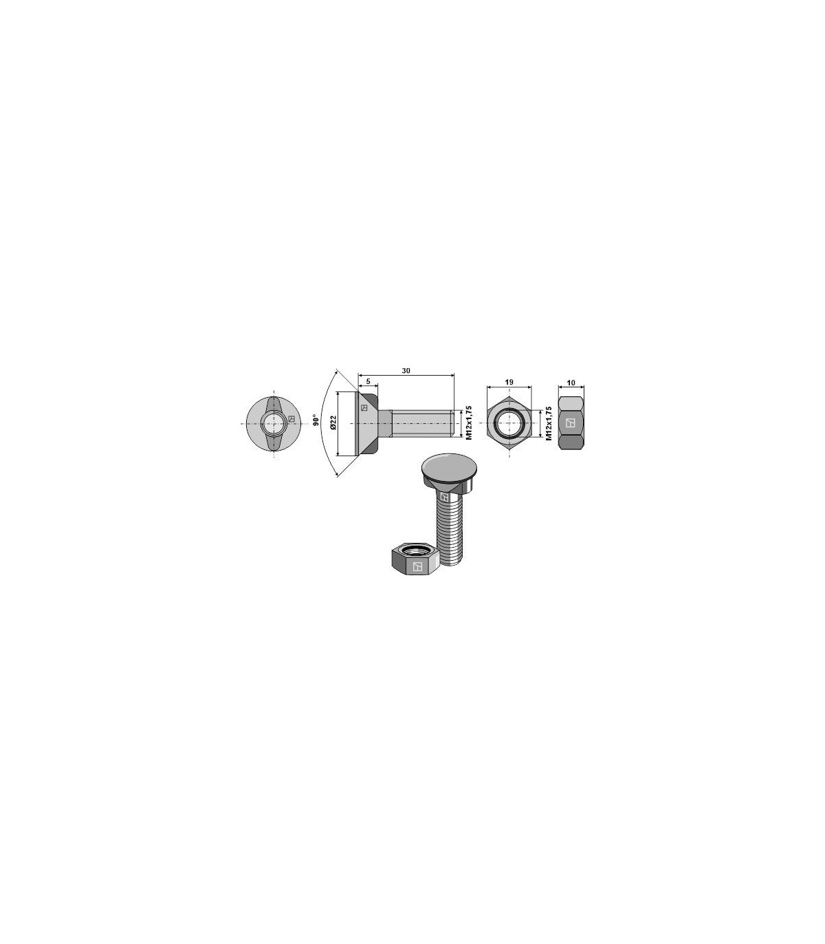 Plogbult M12x1,75x30 med mutter Plogbult M12x1,75x30 med mutter