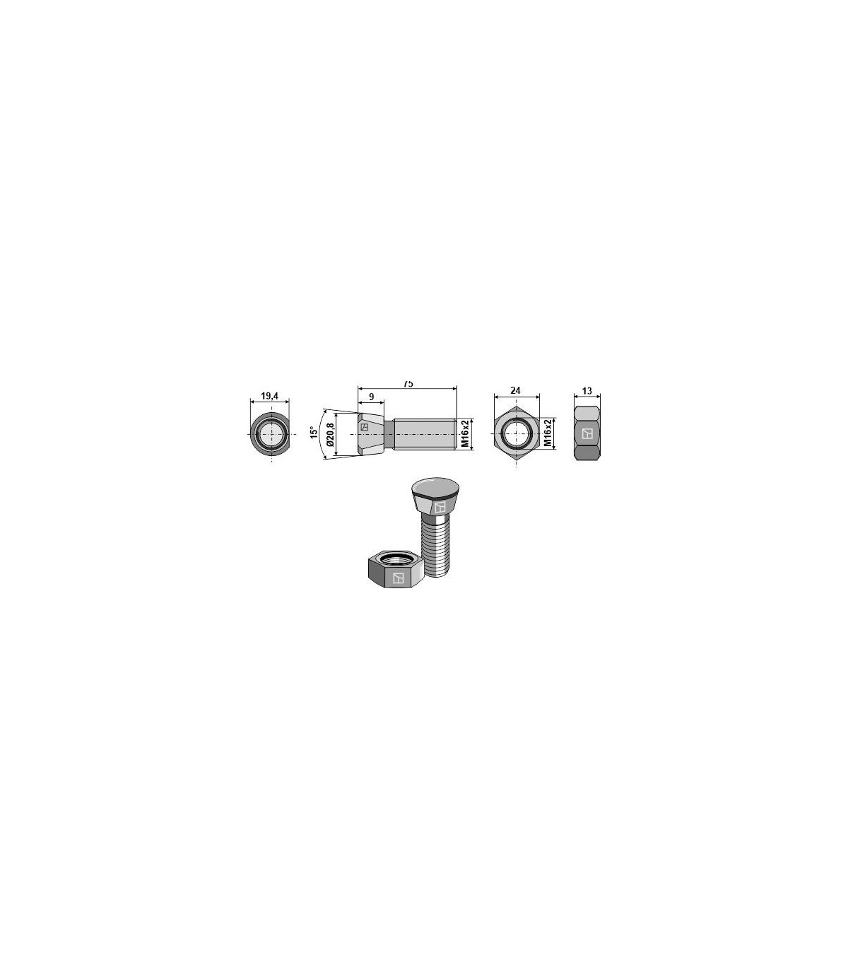 Plogbult M16x2x75 med mutter