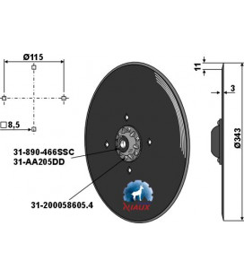 Seed drill disc Ø343x3 - compl. without cap piece of the bearing