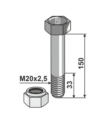 Bult M20x2,5x150 - 10.9 inkl låsmutter
