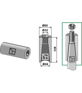 Welding bush for tine with M28 thread