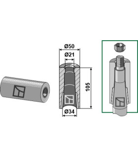 Welding bush for tine with locking piston