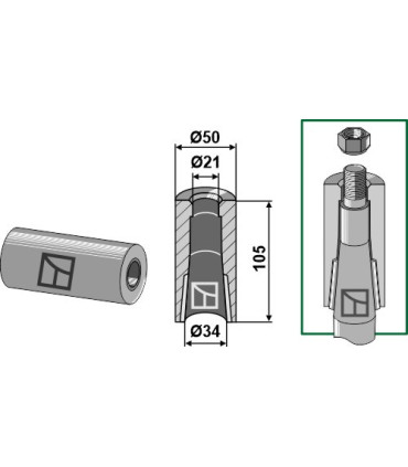 Welding bush for tine with locking piston